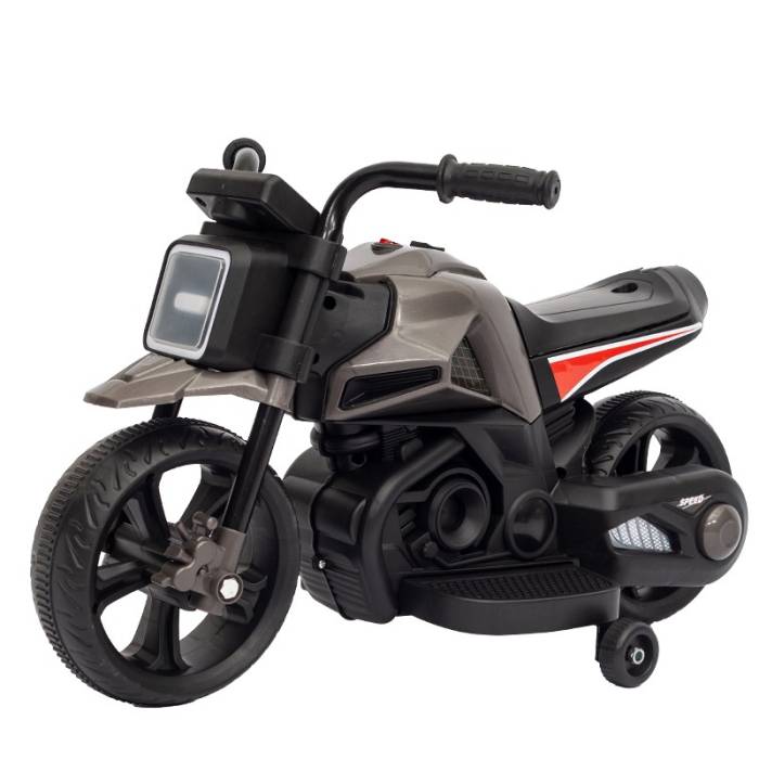 Motocicleta Electrica cu 2 Roti Mari si 2 Roti Ajutatoare, , Acumulator Incarcare, Anti-Rasturnare, Lumini, Muzica, Motor:380, Baterie 6V4.5, 41.5x70x34 cm, 4.5 Kg, 3 Ani+, Gri Negru