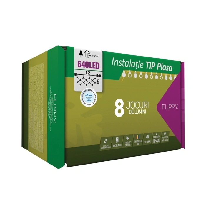 Instalatie Craciun, Tip Plasa, IP 44, 12 x 1 m, 640 LED-uri, Alb rece, 8 jocuri de lumini, Transformator fara telecomanda, Interconectabila, Prelungitor 3 m inclus, Fir transparent, 