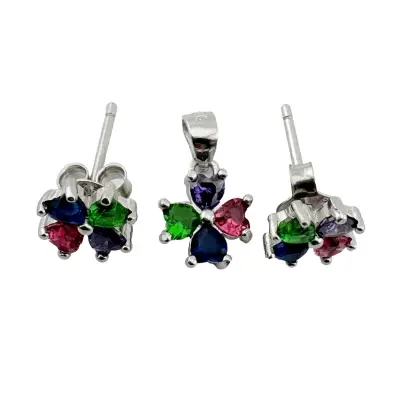 Set Cercei si Pandantiv din Argint 925, Jolie Silver, pentru Dama, Model Floare Rasucita Colorata, 2.07 g, Argintiu/Multicolor