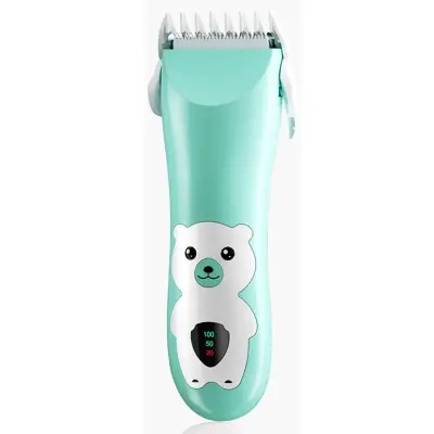 Masina De Tuns Bebelusi si Copii, , Display Digital, Lame Cermice si Inox, Fara Fir, Functie Anti Taiere, Silentios, 50 W, Rezistent la Apa, 2 Accesorii, Incarcator USB, Model Ursulet, Verde
