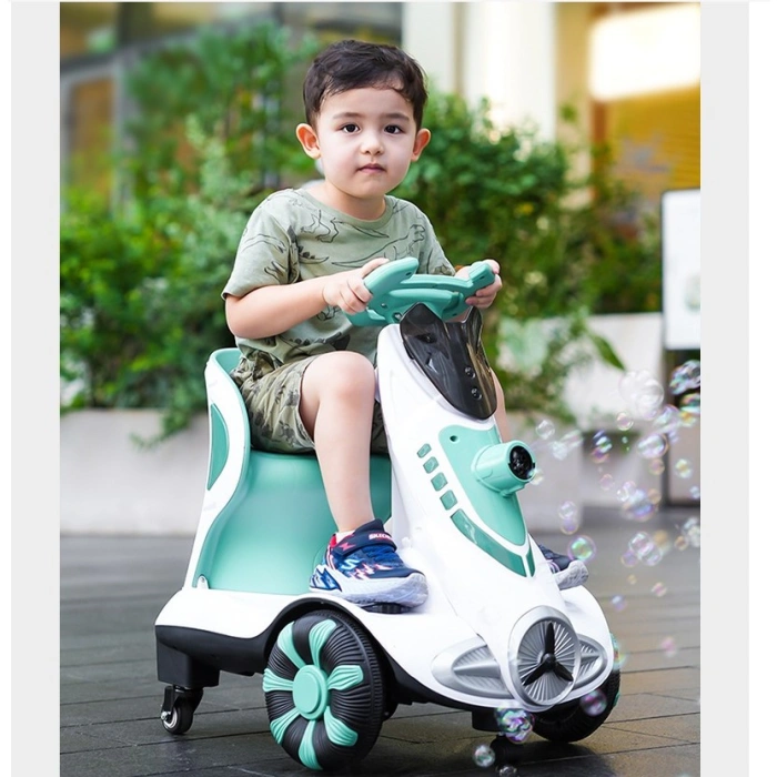 Masinuta electrica cu telecomanda pentru copii, , roti spate rotire 360, curea siguranta, baloane de sapun, lumini si sunete, self control si prin telecomanda, cu pedale de acceleratie si frana, verde