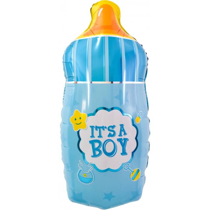 Balon din Folie Metalizata, , Mini Figurina Biberon, Model It's a Boy, Tematica Gender Reveal, 44x20 cm, Ambalaj Individual, Pai Inclus, Umflare cu Aer sau Heliu, Albastru
