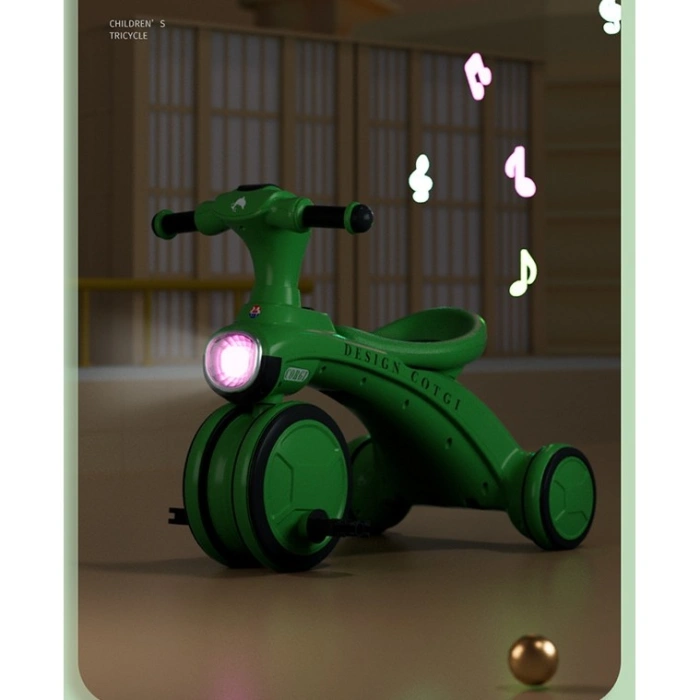 Tricicleta pentru copii , pedalare, impingere, lumini si sunete, pedale antiderapante, material dur, cos depozitare, varsta peste 18 luni, 80x40x52 cm, verde