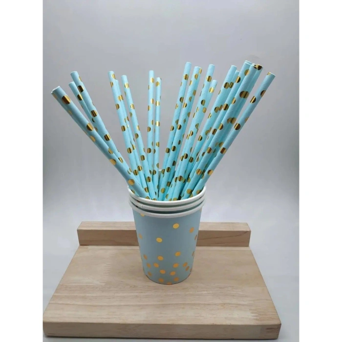 Set 10 Paie, , din Hartie, 19.5 cm, Model cu Buline Aurii, Albastru