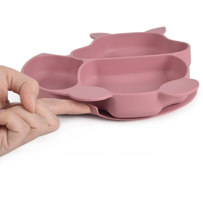 Set 10 piese diversificare bebelusi si copii din silicon , baveta, farfurie compartimentata cu ventuza, bol cu ventuza, tacamuri din lemn si silicon, cana pentru gustari, fara alergeni, roz pudrat