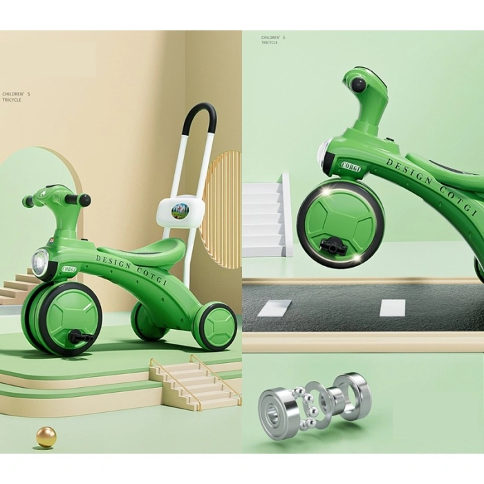 Tricicleta pentru copii , pedalare, impingere, lumini si sunete, pedale antiderapante, material dur, cos depozitare, varsta peste 18 luni, 80x40x52 cm, verde