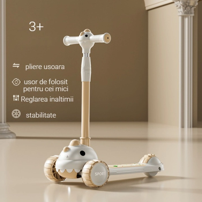 Trotineta Multifunctionala 6 in 1, , Pentru Copii De La 10 Luni Pana La 12 Ani, Cu Maner De Impingere, Reglabil 360, Pliere Usoara, Reglarea Inaltimii, Model Dinozaur, Alb/Bej