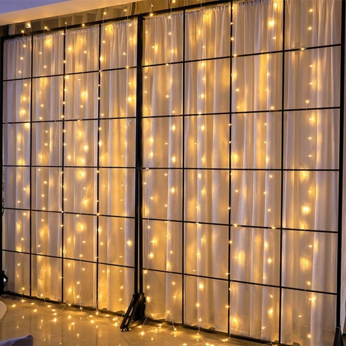 Instalatie Craciun, Tip Perdea, IP44, 3 m x 1 m, 180 LED-uri, Alb cald, 8 jocuri de lumini, Transformator cu telecomanda, Interconectabila, Prelungitor 3 m inclus, Fir transparent, Interior/ Exterior, 