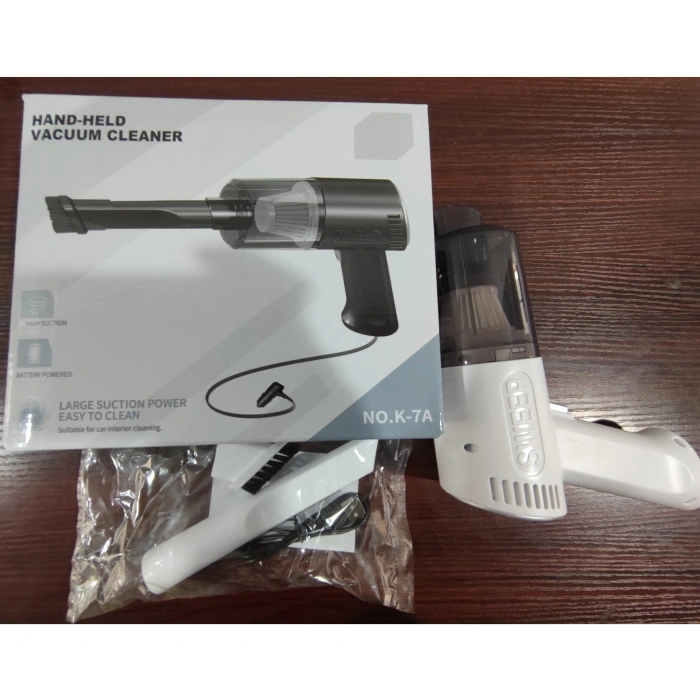 Aspirator Portabil Fara Fir, , Tip Pistol K7, Pentru Casa si Masina, Incarcare USB, Autonomie 30 Min, 36 x 17 cm, Alb