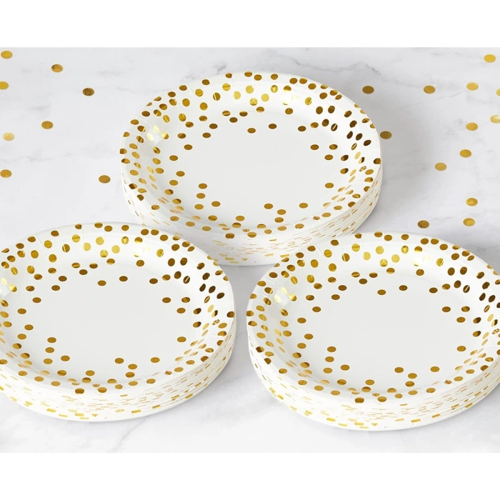 Set 10 Farfurii Unica Folosinta, , Imprimeu cu Buline, din Carton, Diametru 23 cm, Alb/Auriu