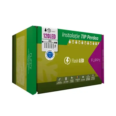 Instalatie Craciun, Tip Perdea, IP44, 2 m x 1 m, 120 LED-uri, Albastru, cu flash, Transformator, Interconectabila, Prelungitor 5 m inclus, Fir transparent, Interior/ Exterior, 