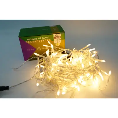 Instalatie de Craciun ® Tip Turturi, Franjuri cu Flash, Sectiune 4 m, 132 LED-uri, Interconectabila, Fir Transparent, Alb Cald