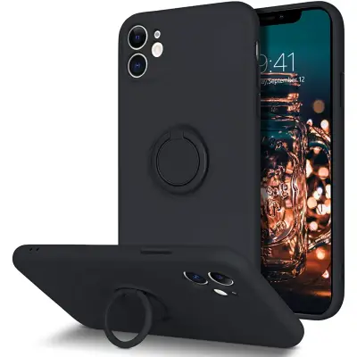 Husa protectie  compatibila cu Apple iPhone 11 Liquid Silicone Ring cu suport rotativ Negru