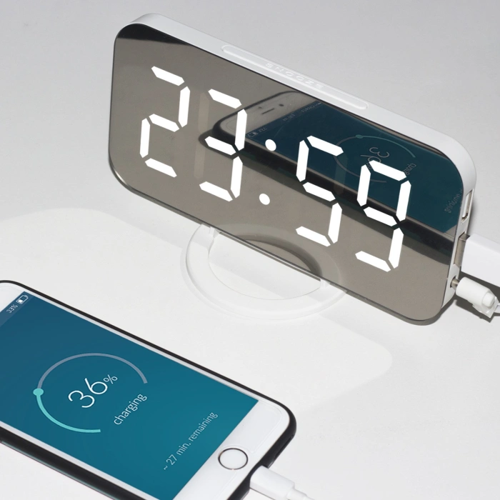 Ceas digital cu LED, , multifunctional, afisaj digital, alarma, 2 porturi USB de iesire, ecran tip oglinda, modern, 15.8 cm, alb