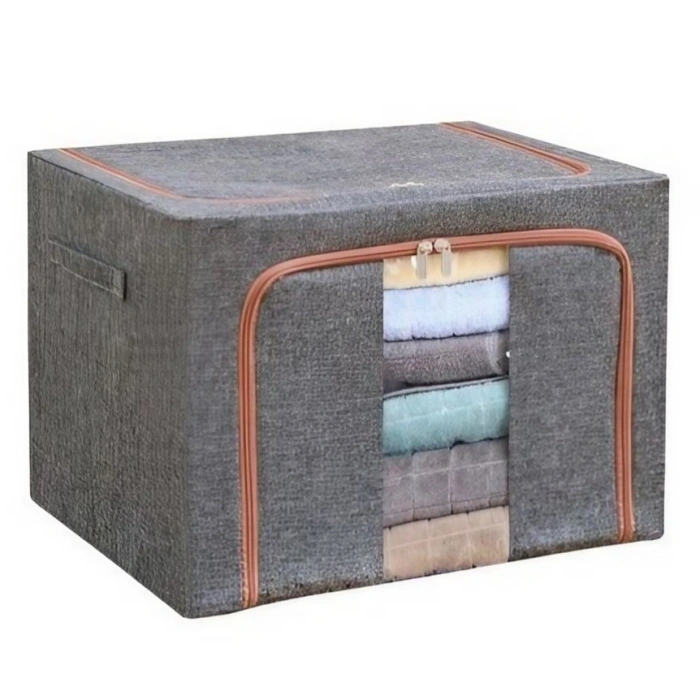 Cutie de Depozitare Pliabila, , 24 L, din Bumbac si In, 40x30x20 cm, Fereastra Frontala, 2 Usi de Acces cu Fermoar Bidirectional, Cadru Metalic, Suport Baza Stabil din Plastic, Gri