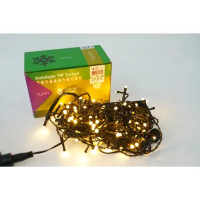 Instalatie de Craciun ® Tip Turturi, 8 jocuri de lumini Sectiune 3 m, 96 LED-uri, Interconectabila, Fir Negru, Alb Cald
