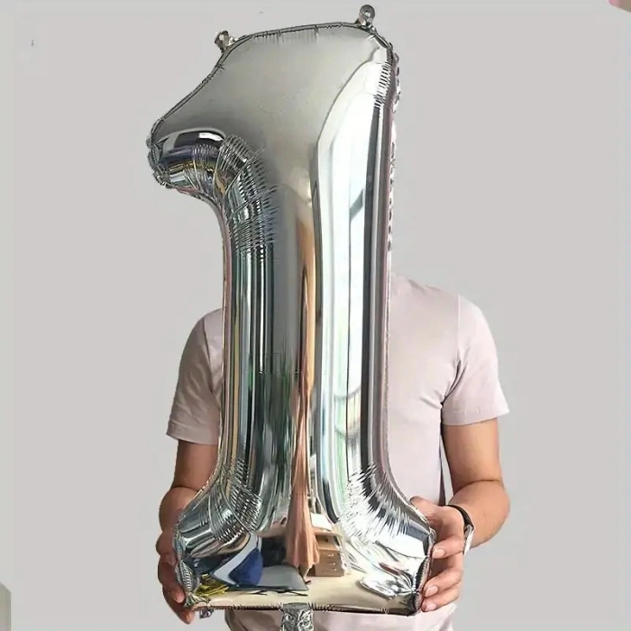Balon din Folie , Cifra 1, 81 cm, Pentru Aer sau Heliu, Argintiu
