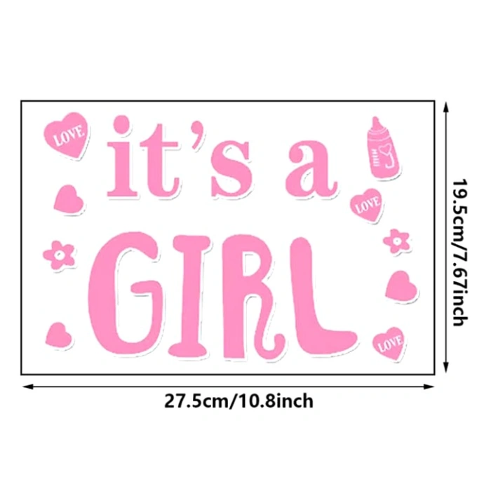 Sticker Autocolant, , Tematica Gender Reveal, Model Scris It's a Girl, 19.5x27.5 cm, Roz