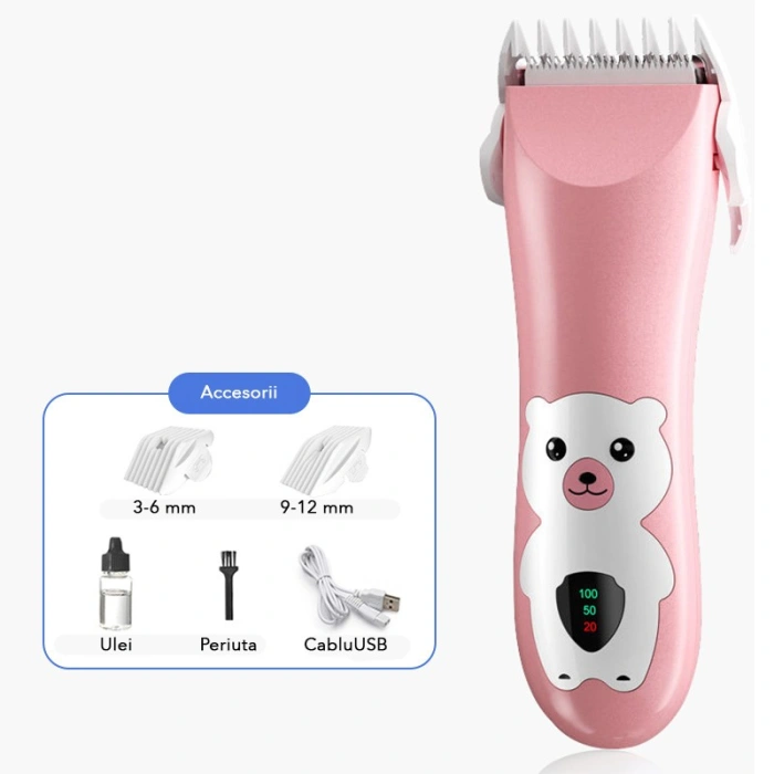 Masina De Tuns Bebelusi si Copii, , Display Digital, Lame Cermice si Inox, Fara Fir, Functie Anti Taiere, Silentios, 50 W, Rezistent la Apa, 2 Accesorii, Incarcator USB, Model Ursulet, Roz