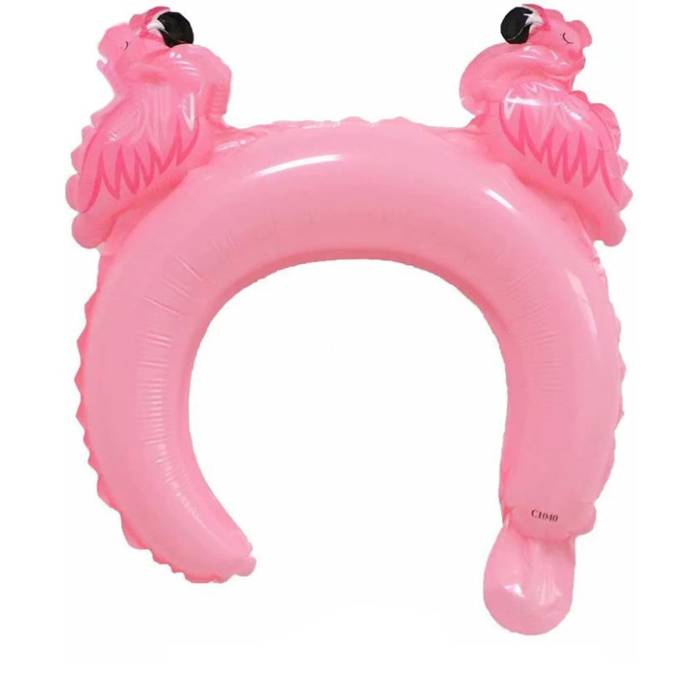 Balon din Folie Metalizata, , Tip Coronita cu Urechi, Model Flamingo, Ambalaj Individual, Pai Inclus, Umflare cu Aer sau Heliu, 28 x 27 cm, Roz