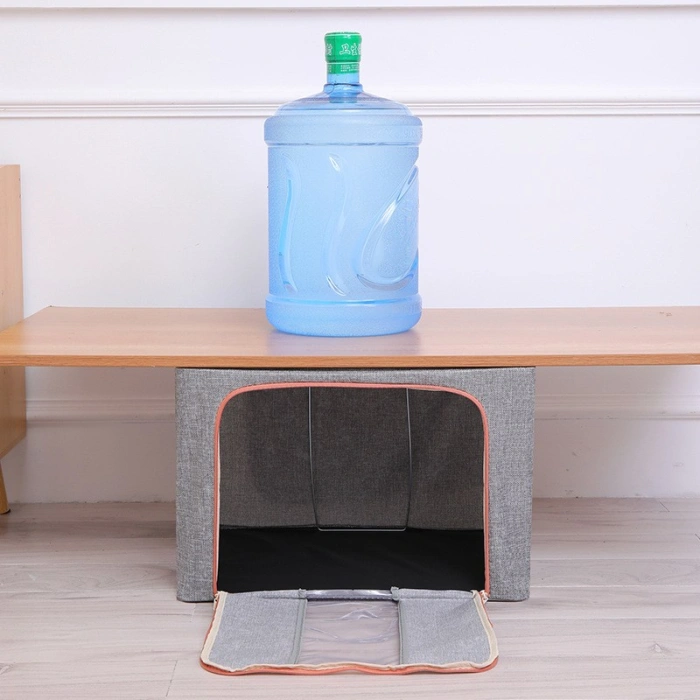 Cutie de Depozitare Pliabila, , 66 L, din Bumbac si In, 50x40x33 cm, Fereastra Frontala, 2 Usi de Acces cu Fermoar Bidirectional, Cadru Metalic, Suport Baza Stabil din Plastic, Gri