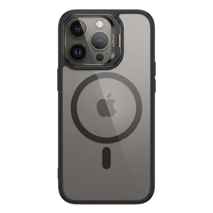 Husa de Protectie Telefon, , Compatibila cu iPhone 17 Pro , MagSafe, Acrylic, Suport Metalic Protectie Camera, Anti-Soc, Transparent/Negru