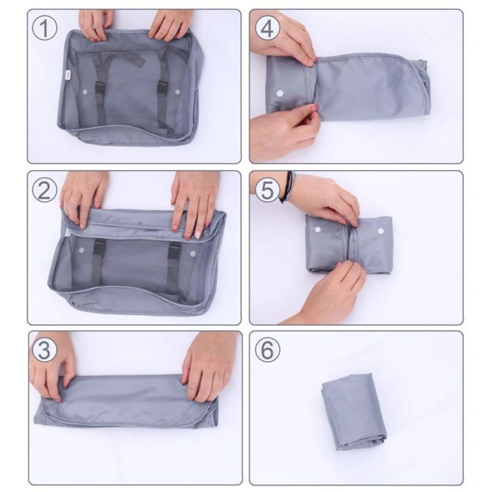 Set 8 huse organizare bagaj , material poliester, impermeabil, cu fermoar, pentru calatorii sau dulap, sac pentru pantofi inclus, pliabil, gri
