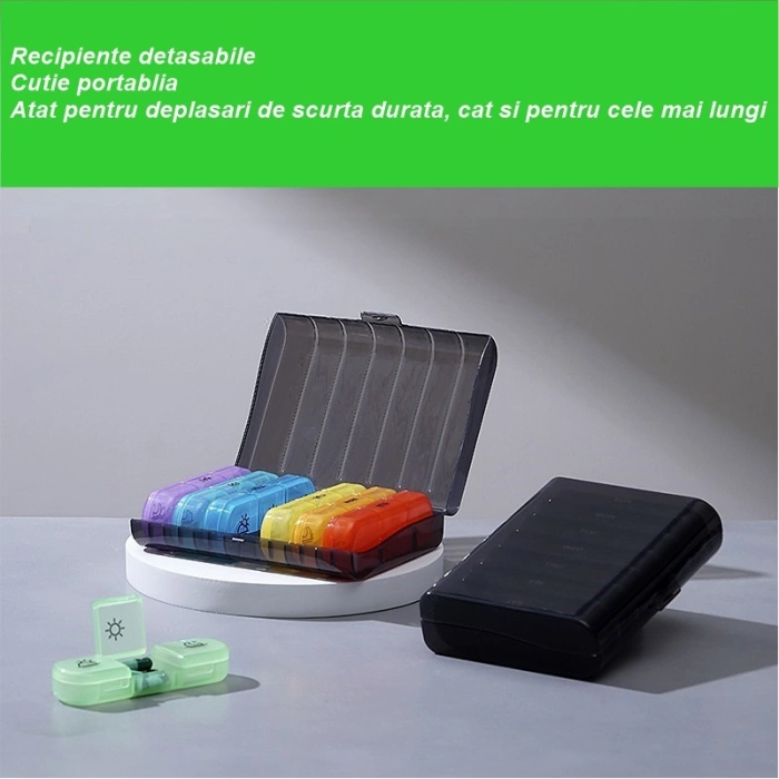 Cutie Depozitare Medicamente, , 7 Zile, 21 Compartimente, Cutie Suport, Recipiente Detasabile, Portabila, Recipiente Colorate, Cutie Neagra, 15.6x12 cm