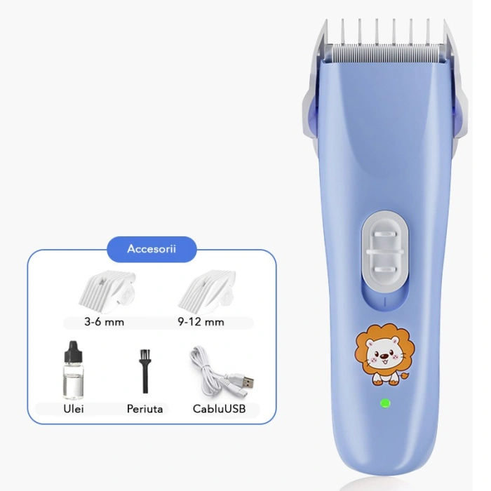 Masina De Tuns Bebelusi si Copii, , Lame Cermice si Inox, Fara Fir, Functie Anti Taiere, Silentios, 50 W, Rezistent la Apa, 2 Accesorii, Incarcator USB, Model Leu, Albastru