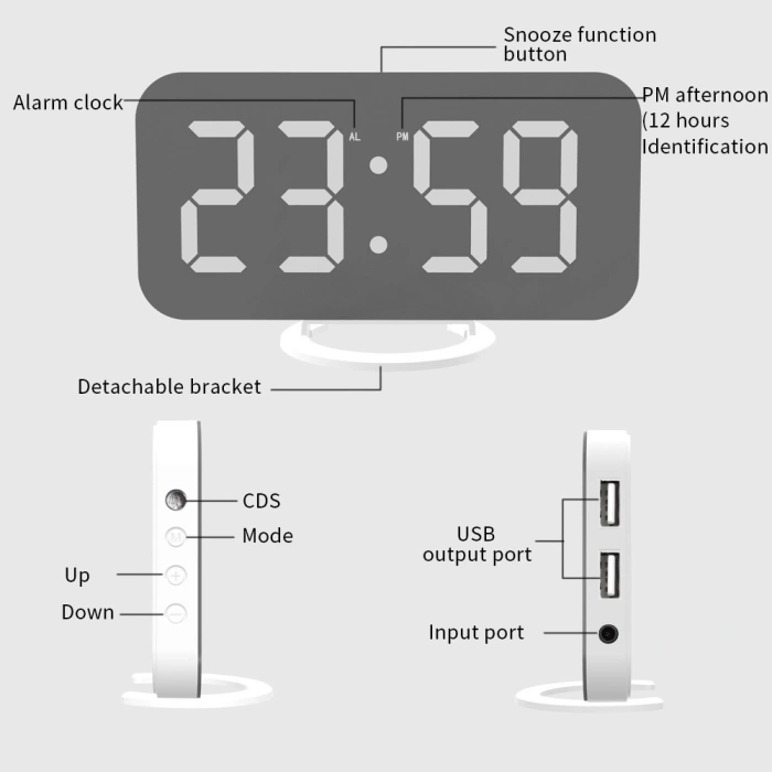 Ceas digital cu LED, , multifunctional, afisaj digital, alarma, 2 porturi USB de iesire, ecran tip oglinda, modern, 15.8 cm, alb