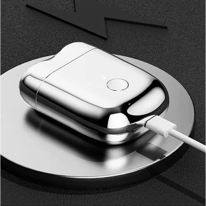Mini Aparat de Ras Electric, , din ABS cu Fibra de Carbon, Portabil, Cap Rotativ Detasabil cu 2 Lame de Otel, Rezistent la Apa, Incarcare Type-C, Autonomie 45 min, Argintiu