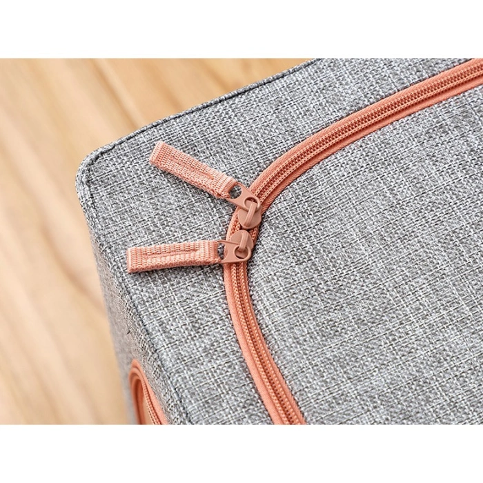 Cutie de Depozitare Pliabila, , 66 L, din Bumbac si In, 50x40x33 cm, Fereastra Frontala, 2 Usi de Acces cu Fermoar Bidirectional, Cadru Metalic, Suport Baza Stabil din Plastic, Gri