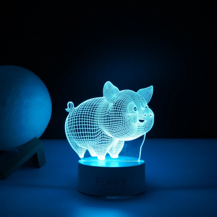 Lampa LED decorativa, , 3D, Porcusor Gras, din material acril si lumina multicolora, alb