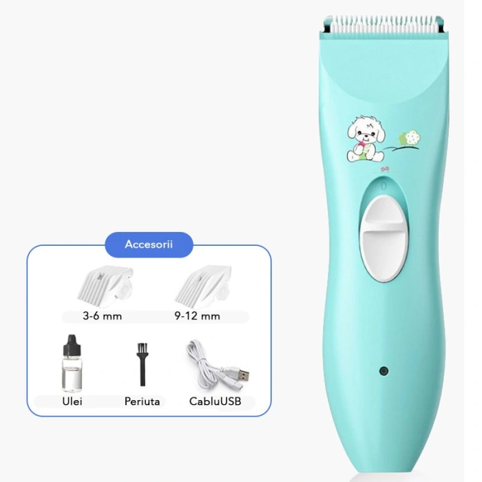 Masina De Tuns Bebelusi si Copii, , Lame Cermice si Inox, Fara Fir, Functie Anti Taiere, Silentios, 50 W, Rezistent la Apa, 2 Accesorii, Incarcator USB, Model Ursulet, Albastru deschis