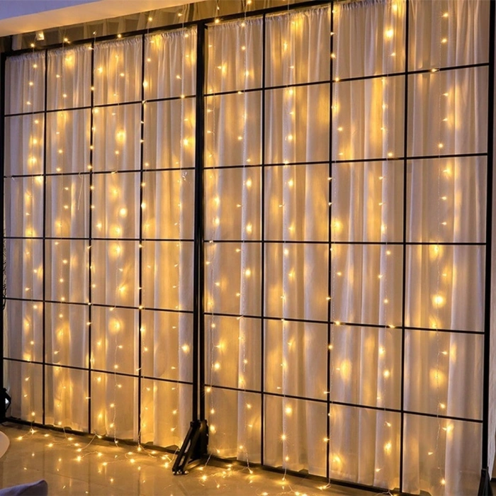 Instalatie Craciun, Tip Perdea, IP44, 1 m x 1 m, 60 LED-uri, Alb cald, 8 jocuri de lumini, Transformator cu telecomanda, Interconectabila, Prelungitor 3 m inclus, Fir transparent, Interior/ Exterior, 