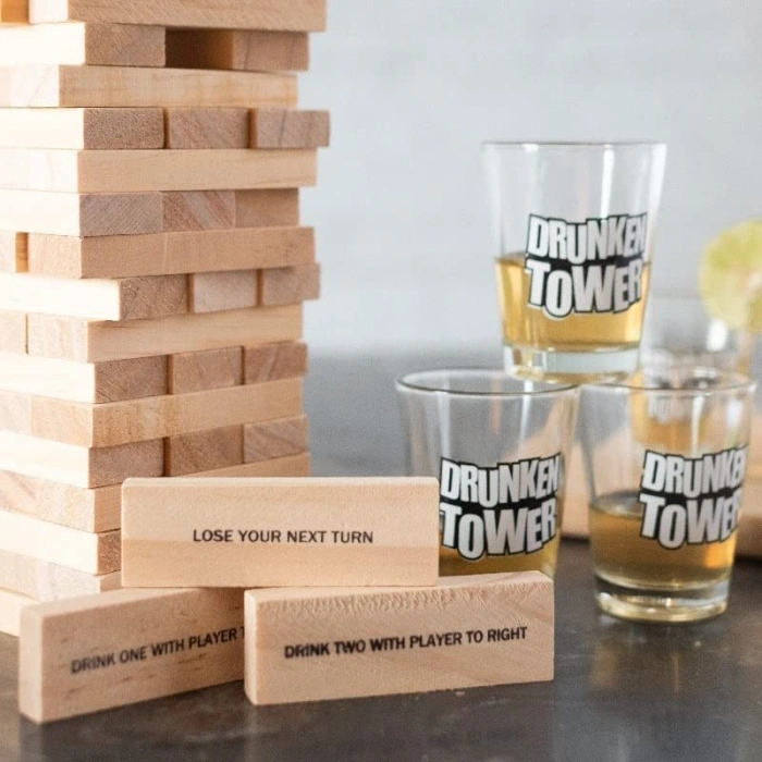 Joc de Baut Jenga , Turnul Betivului din Lemn, Piese cu Provocari, Pahare de Shot din Sticla Incluse, 19 x 7 x 20 cm
