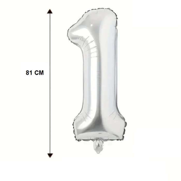 Balon din Folie , Cifra 1, 81 cm, Pentru Aer sau Heliu, Argintiu