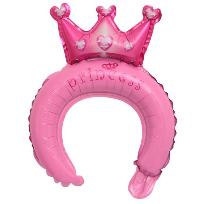 Balon din Folie Metalizata, , Tip Coronita cu Urechi, Model Coronita de Printesa, Ambalaj Individual, Pai Inclus, Umflare cu Aer sau Heliu, 30 x 27 cm, Roz