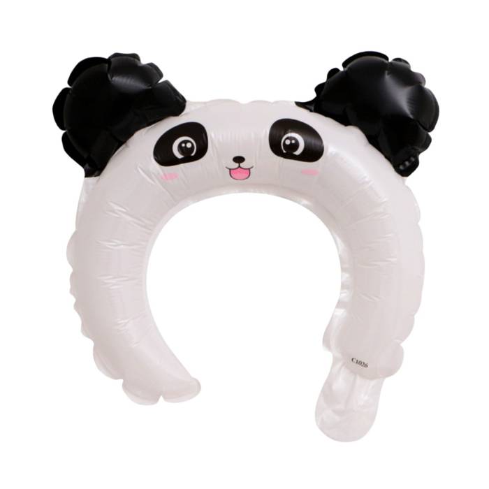 Balon din Folie Metalizata, , Tip Coronita cu Urechi, Model Panda, Ambalaj Individual, Pai Inclus, Umflare cu Aer sau Heliu, 27 x 28 cm, Alb/Negru