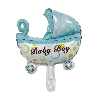 Balon din Folie Metalizata, , Mini Figurina, Model Carucior Bebelus, Tematica Gender Reveal, 39x29 cm, Ambalaj Individual, Pai Inclus, Umflare cu Aer sau Heliu, Albastru