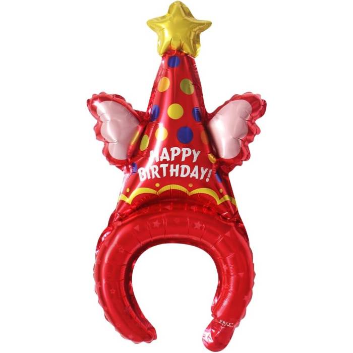 Balon din Folie Metalizata, , Tip Coronita, Model Palarie de Petrecere, Ambalaj Individual, Pai Inclus, Umflare cu Aer sau Heliu, 31 x 50 cm, Rosu