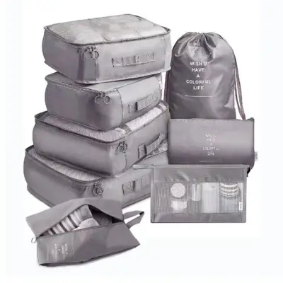 Set 8 huse organizare bagaj , material poliester, impermeabil, cu fermoar, pentru calatorii sau dulap, sac pentru pantofi inclus, pliabil, gri