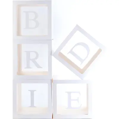 Set 5 Cutii pentru Baloane, , Model Scris Bride, Tematica Nunta, Cuburi Decorative din Plastic, Accesorii pentru Petrecere, 30 x30 cm, Transparente Contur Alb