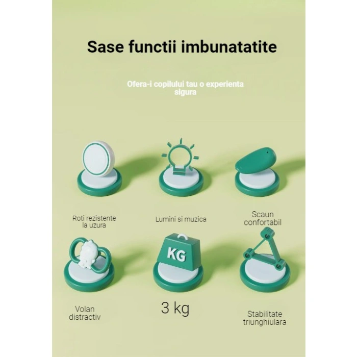 Bicicleta Pentru Copii, , Fara Pedale, Cu Patru Roti, Din Plastic Rezistent, Fara BPA, Cu Muzica Si Lumini, Model Dinozaur, 50x27x40 Cm, Albastru