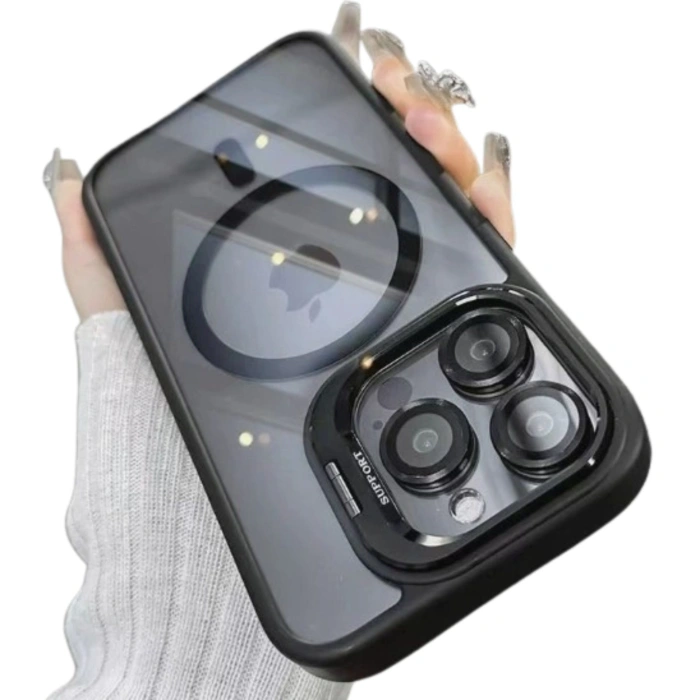 Husa de Protectie Telefon, , Compatibila cu iPhone 17 Pro Max, MagSafe, Acrylic, Suport Metalic Protectie Camera, Anti-Soc, Transparent/Negru