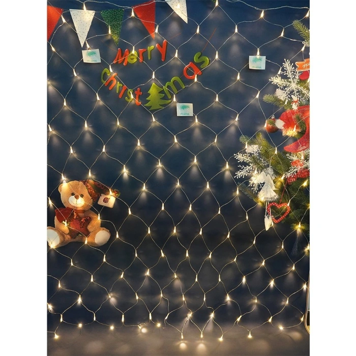 Instalatie Craciun, Tip Plasa, 9 m x 1.5 m, 720 LED-uri, Alb cald, 8 jocuri de lumini, Transformator cu telecomanda, Interconectabila, Prelungitor 3 m inclus, Fir transparent, 