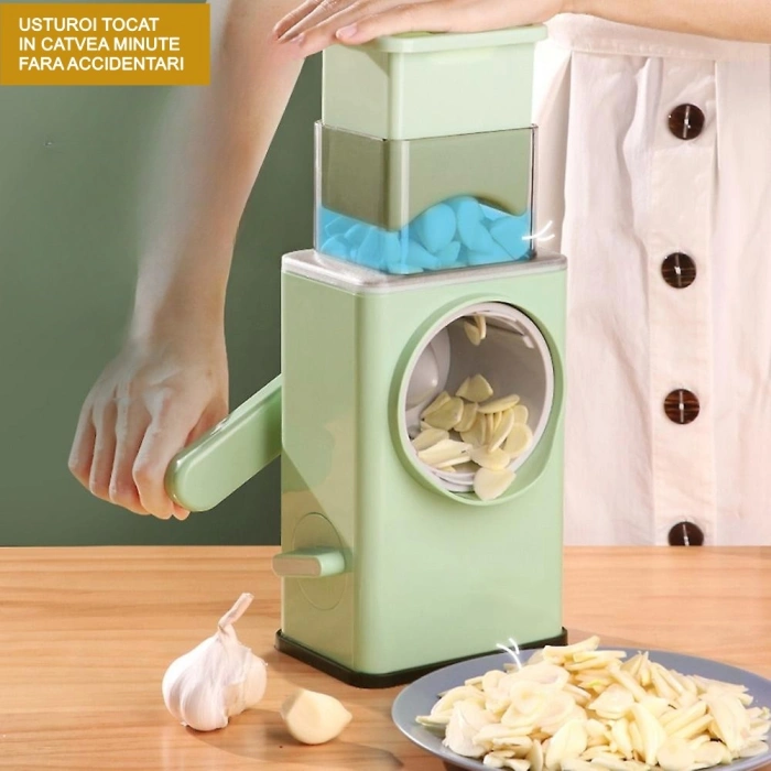 Feliator manual pentru legume , 3 lame din otel inxodabil, 3 tipuri de feliere, material carcasa ABS, latime maxima feliere 4 mm, baza de tip ventuza, usor si sigur de utilizat, 28.5 x 9,2 x 13.5 cm, verde
