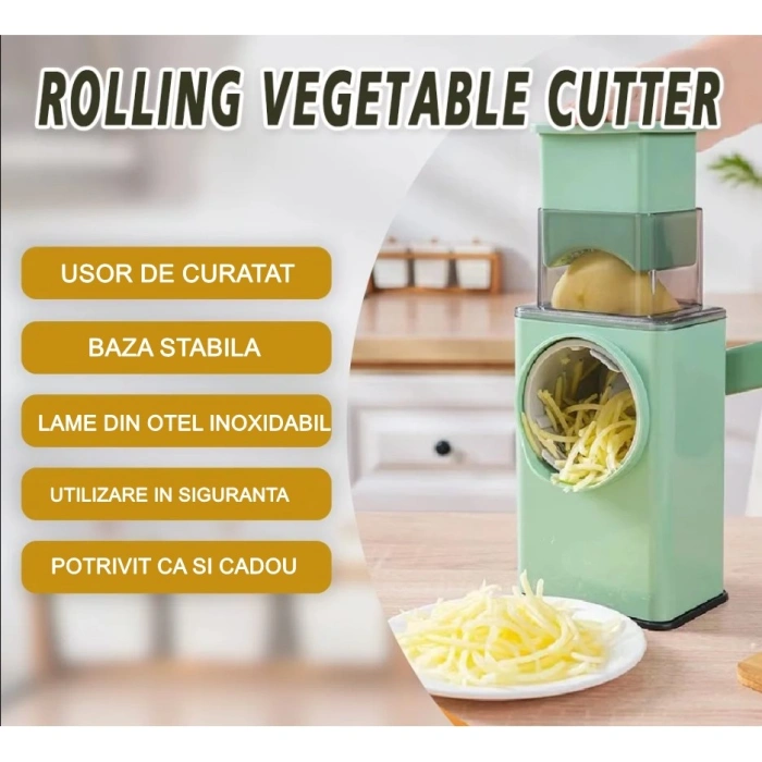 Feliator manual pentru legume , 3 lame din otel inxodabil, 3 tipuri de feliere, material carcasa ABS, latime maxima feliere 4 mm, baza de tip ventuza, usor si sigur de utilizat, 28.5 x 9,2 x 13.5 cm, verde
