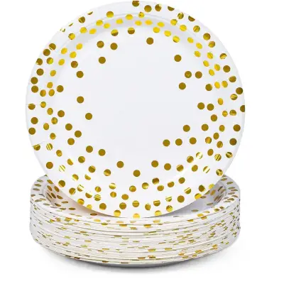 Set 10 Farfurii Unica Folosinta, , Imprimeu cu Buline, din Carton, Diametru 18 cm, Alb/Auriu