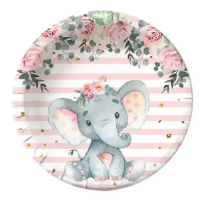 Set 10 Farfurii Unica Folosinta, , Imprimeu Elefant, din Carton, 17 cm, Roz